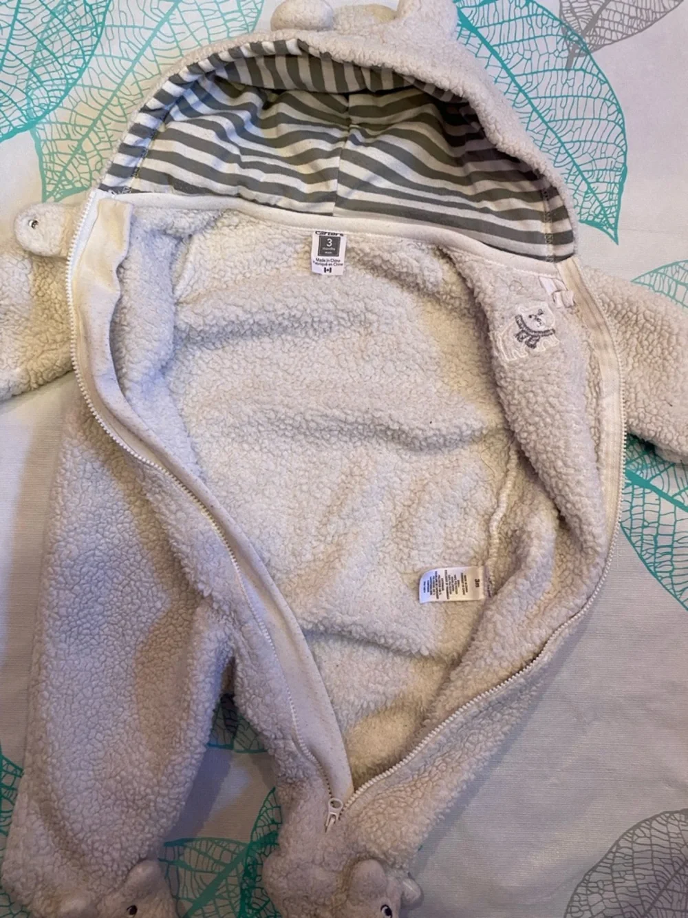Carter's Cream Sherpa Hooded Footed One-Piece with Striped Lining - Picture 8 of 9